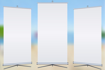 Blank roll-up banner isolated on colourful background. Set. Design template blank for designers. Flipchart for training or promotional presentation. Vertical. Vector illustration EPS 10