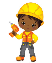 Vector Cute Little African American Boy Drilling