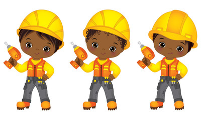 Fototapeta na wymiar Vector Cute Little African American Boys Drilling