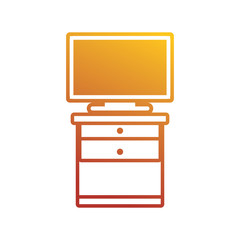 flat line colored desk with television  screen  over white background  vector illustration