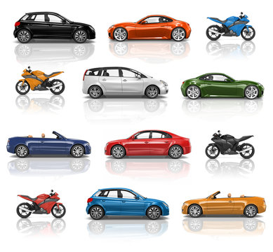 Illustration collection of cars and motorbikes