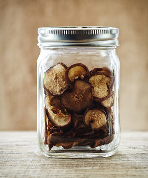 Preserved dried shitake mushrooms in mason jar