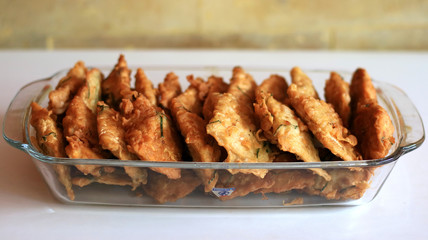 Tempe Kemul. Fried tempeh with flour batter.