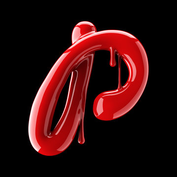 Leaky red alphabet on black background. Handwritten cursive letter P.