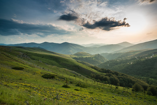 Landscape of green meadows at sunset