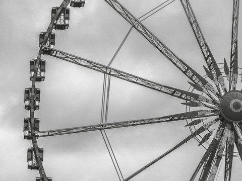 Old carrousel, cloudy day. Black and white.