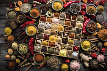 Assorted Spices in a wooden box