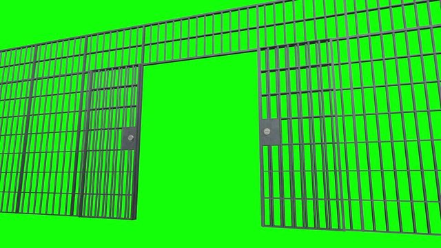 Prison bars with doors. Animation of Open Jail bars. 3d render video available in 4K FullHD and HD render footage on green screen chroma key