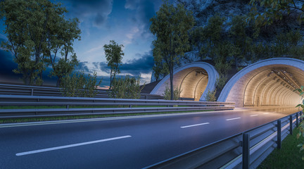Digitally generated image of concrete tunnels with empty asphalt roads under a dramatic sky