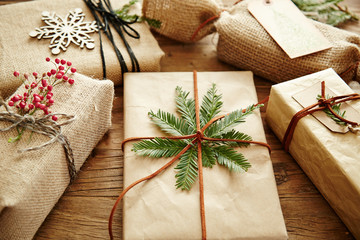 Group of gifts with handmade wrapping paper