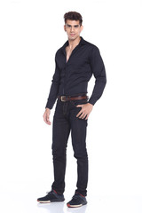 Naklejka premium Figure, Business Man Stand in dark Blue Black Suit