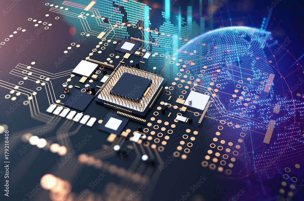 Poster 3d rendering of futuristic blue circuit board
