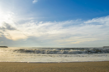 sunset and wave bubble seascape and blue sky on the beach