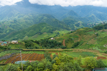 Fototapeta na wymiar Aerial landscape of mountain farmland