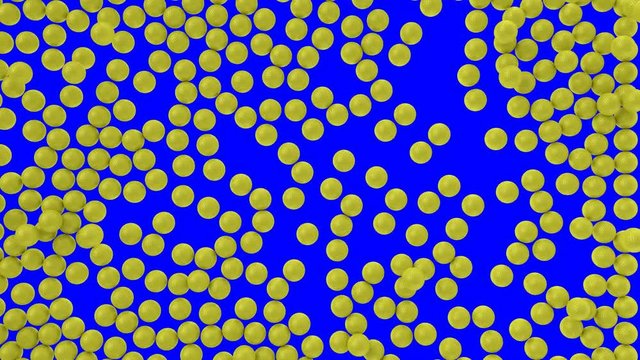 Animated a great amount of yellow plain Golf balls falling and tumbling against blue background. Top camera view.