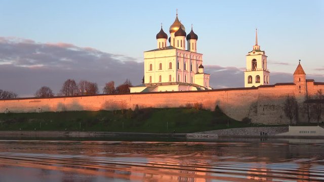 Trinity Cathedral in the Pskov Kremlin, october evening. Pskov, Russia