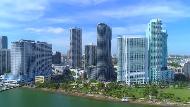 Aerial drone shot Edgewater Miami highrise construction condominiums 4k 60p