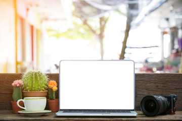 Laptop and digital camera ,colorful cactus,cup of  coffee