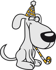geburtstag party feiern geschenke hut aufgeregt schwanz wedeln freut sich welpe klein kind warten gehorsam lustig hund süß niedlich haustier comic cartoon