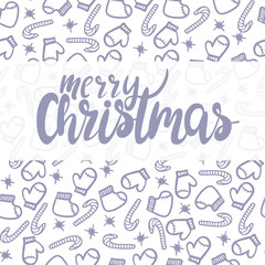 Merry Christmas with snowflakes, mittens, socks, lettering . Winter design. Background for Christmas, New Year greeting cards. Seamless pattern