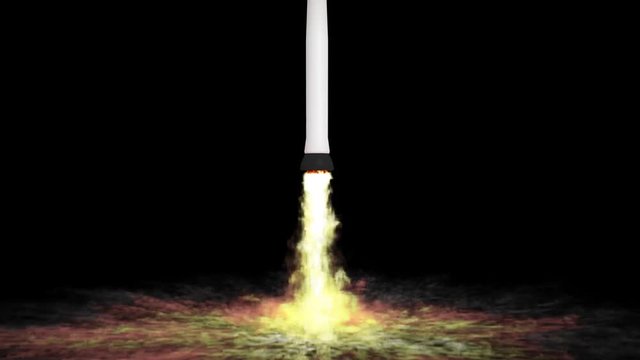 Animated launch or takeoff of a simple two stage space or orbital rocket with one buster burning solid fuel generating less smoke and more power. Fire and smoke bounce of from invisible launch.