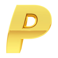 Gold alphabet symbol letter P with gradient reflections isolated on white