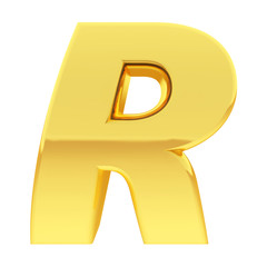 Gold alphabet symbol letter R with gradient reflections isolated on white