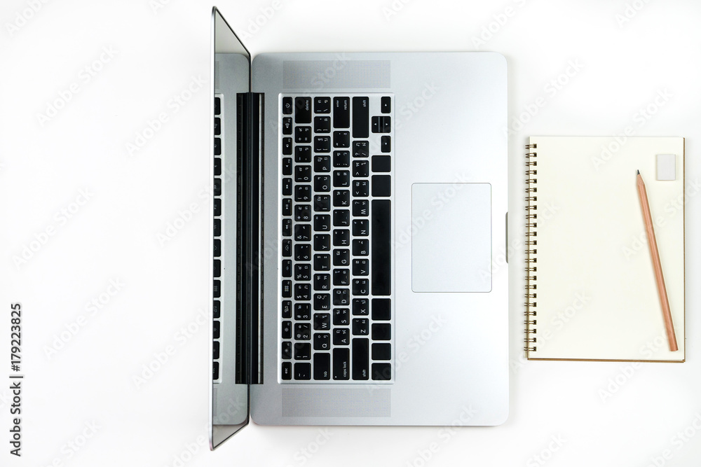 Poster Business office work desk table with computer laptop , note and stationery on white table background include copyspace for add text or graphic