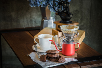 breakfast with coffee dripping in the morning. Still life photograph.