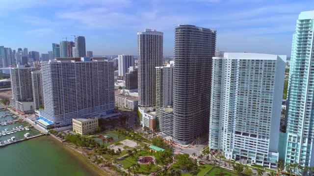 Aerial establishing shot Edgewater Downtown Miami highrise towers on the bay