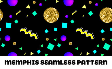 Memphis style seamless pattern with golden glitter circles and shapes