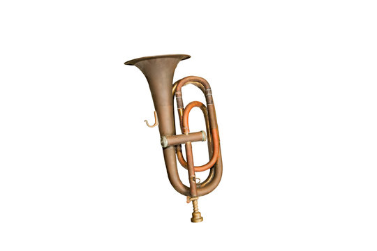 Close up old classic trumpet isolated on white background.Saved with clipping path.