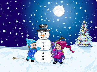 A young boy and girl making a snowman on a cold winter night with a dark blue sky, a shinning moon and a Christmas tree with colorful lights.