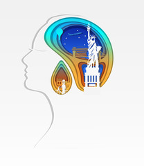 Paper art carve of woman head and landmark of New york, paper art concept  America travel , vector art and illustration.