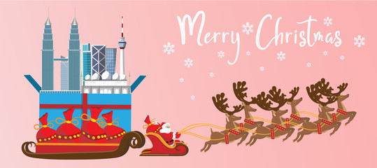 Merry Christmas and Happy New Year.Illustration of  Santa Claus with Malaysia landmaks in gift box.