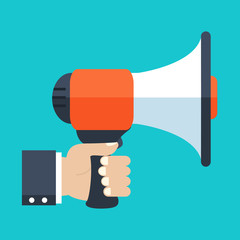 Cartoon human hand holding megaphone. social media marketing concept. vector illustration in flat design on brown background