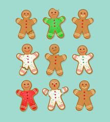 set of Christmas gingerbread man cookies with different injuries and expressions. 