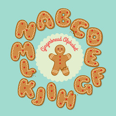 Gingerbread man with set of gingerbread cookie letters, A through N. Vector illustration.