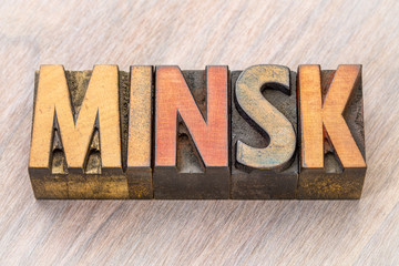 Minsk word abstract in wood type