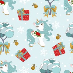 Seamless pattern with Christmas pony and festive elements. Vector illustration.
