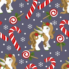 Seamless pattern with Christmas pony and festive elements. Vector illustration.