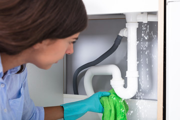 Woman Holding Napkin Under Sink Pipe Leakage