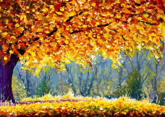 Großes Herbstbaum-Originalölgemälde, gelb-orangee Baumkronenkunst auf Leinwand, sonnige Herbstwiesen-Impressionismusgrafik, Herbstlandschaftsillustration, warmes goldenes Herbstmuster © weris7554