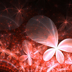 Red fractal flowers with sparkles, digital artwork for creative graphic design