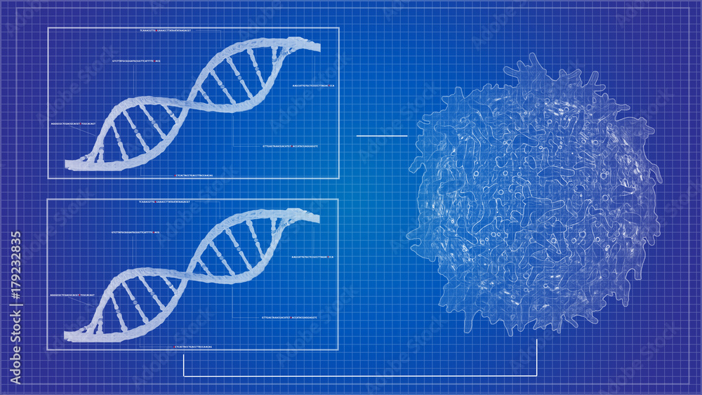 Poster blueprint concept of cancer cell lymphocyte t and dna helix background sequencing data analysis