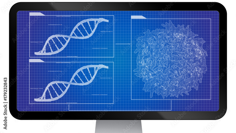 Poster blueprint concept of cancer cell lymphocyte t and dna helix background sequencing data analysis