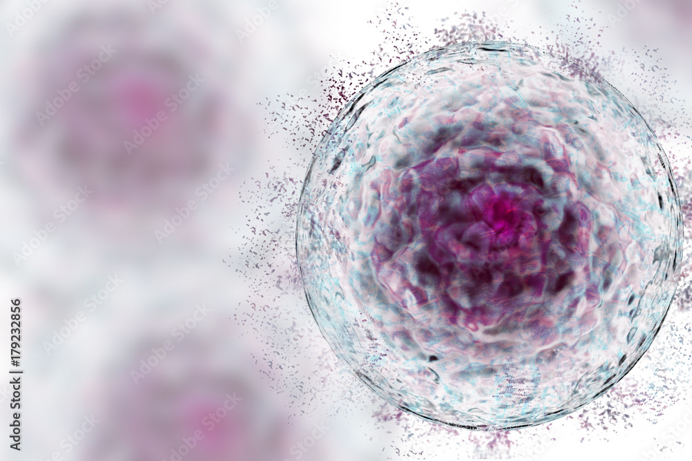 Poster stem cell with protein cluster, deconstructing stem cell, dying cells, data analysis 3d render