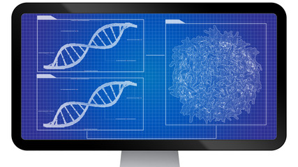 Blueprint concept of cancer cell lymphocyte T and DNA helix background sequencing data analysis