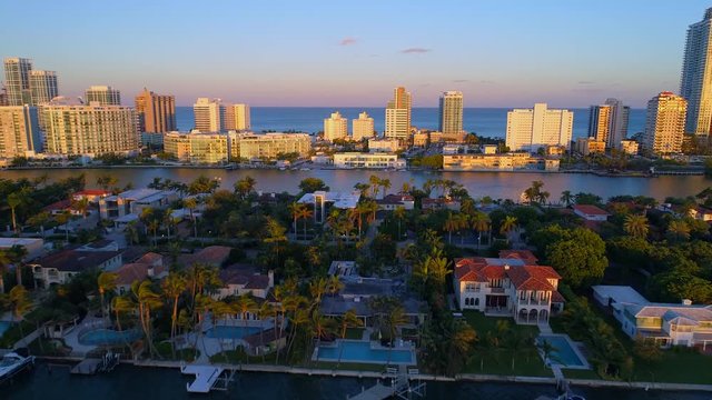 Amazing sunset Miami Beach aerial drone shot