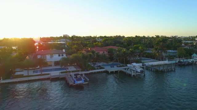 Cinematic aerial drone video Miami Beach Allison Island sunset